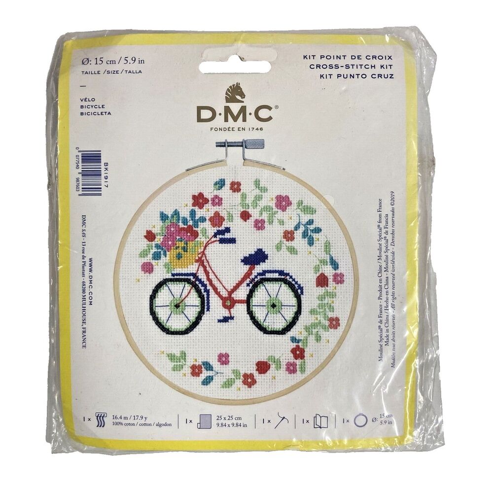 DMC 6” Bicycle Counted Cross Stitch Kit Floral Hoop Whimsical Craft